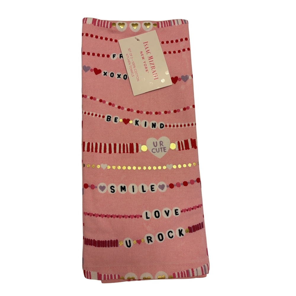 Isaac Mizrahi Pink and Gold 'Be Kind' Graphic Kitchen Towels NWT